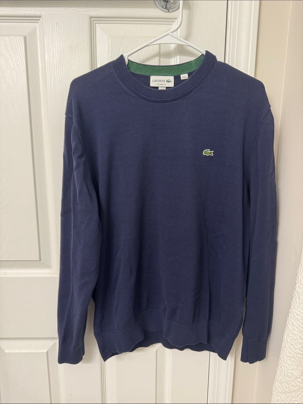 Lacoste Men's Navy Crewneck Sweater with Green Crocodile Logo